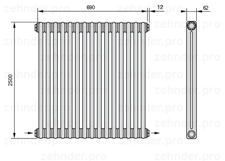 Схема (чертеж) Радиатор Zehnder Charleston 2250/15 №2670 Белый глянцевый RAL 9016